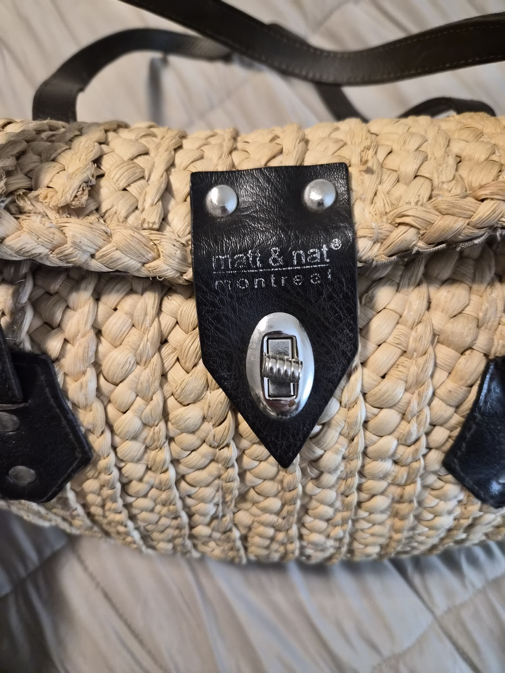 matt & nat Natural Woven Straw Crossbody Bag with Black Trim